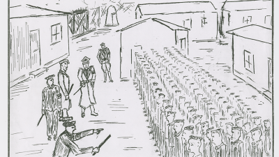 Zählappell im Lager auf der Bahrsplate. Zeichnung des ehemaligen Häftlings Pierre Lefèvre